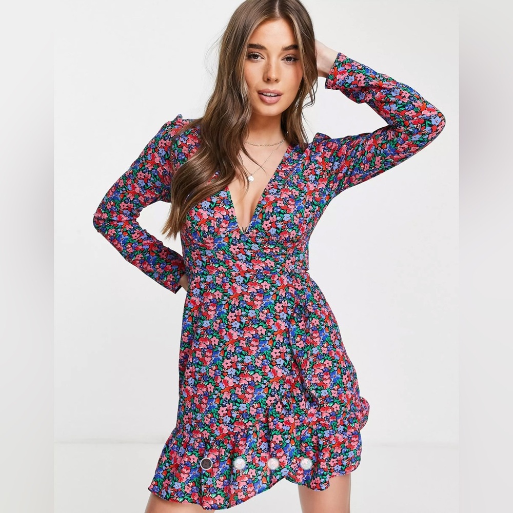 ASOS DESIGN wrap front mini dress in black floral print